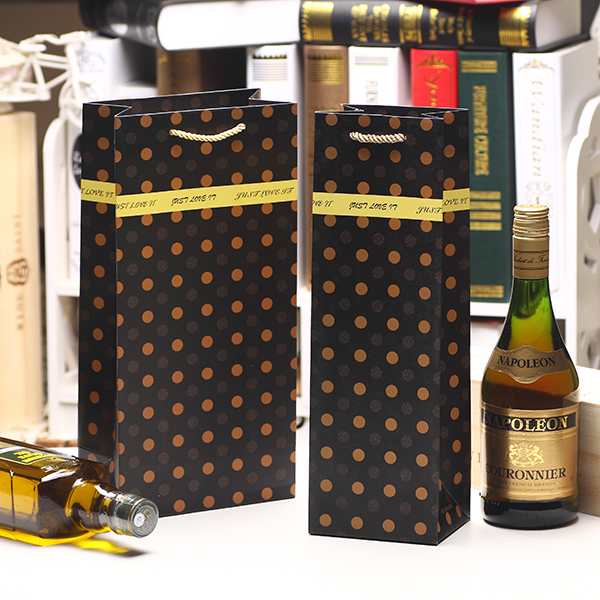 Gold Dots Printing Black Paper Bag For Wine Packing